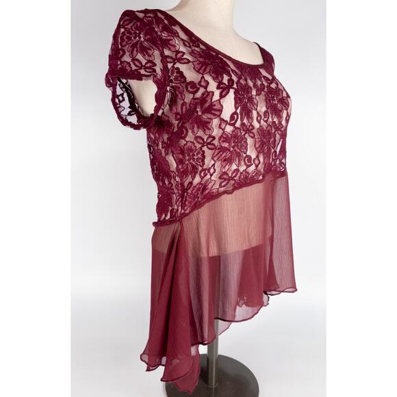 VTG Sheer Lace Blouse Cap Sleeve Maroon LARGE Ruffle Y2K Coquette Fairy - Picture 3 of 8